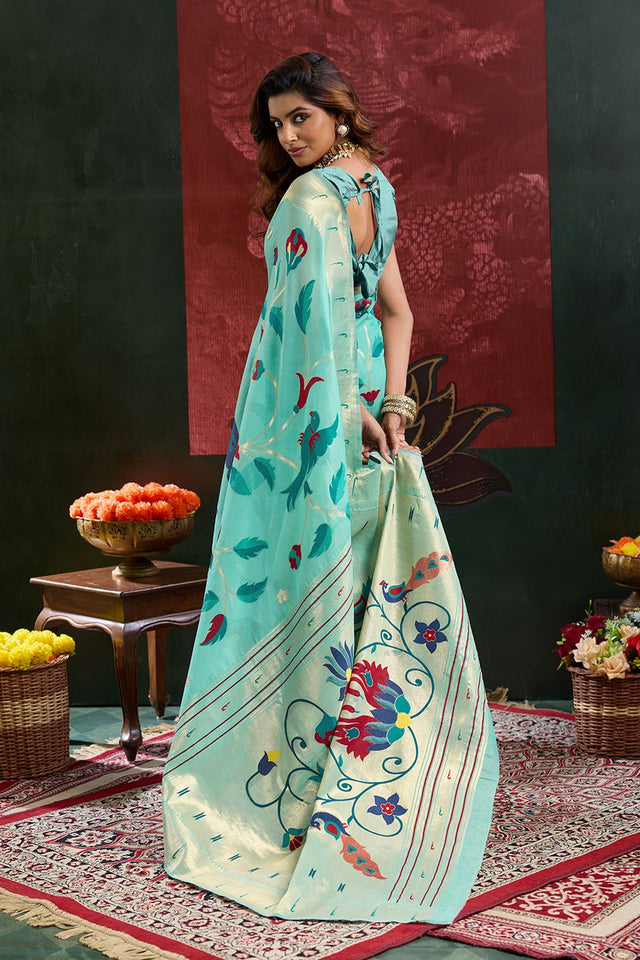 Sea Green Paithani Meenakari Woven Cotton Silk Saree (ACB2128)
