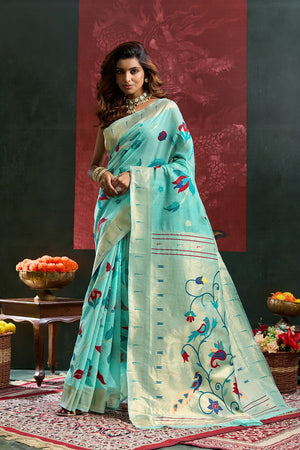 Sea Green Paithani Meenakari Woven Cotton Silk Saree (ACB2128)
