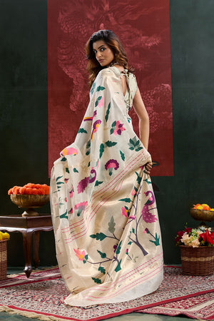 Cream Paithani Meenakari Woven Cotton Silk Saree (ACB2129)