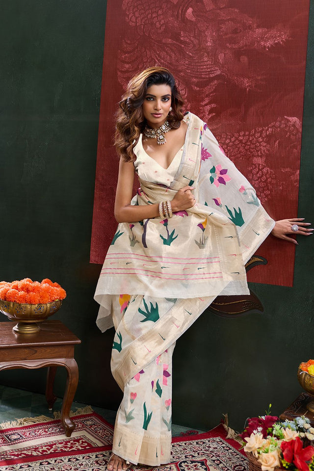 Cream Paithani Meenakari Woven Cotton Silk Saree (ACB2129)