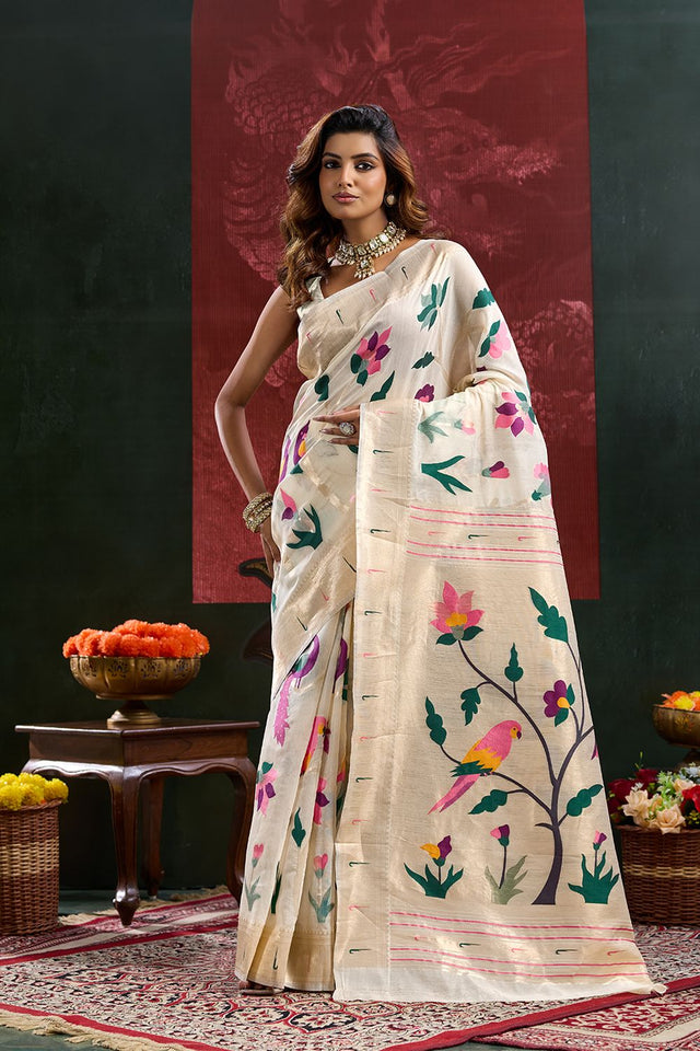 Cream Paithani Meenakari Woven Cotton Silk Saree (ACB2129)