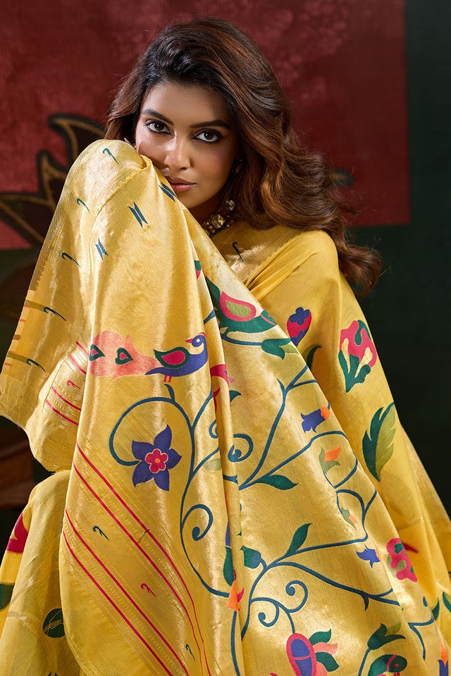 Yellow Paithani Meenakari Woven Cotton Silk Saree (ACB2130)