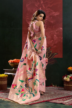 Peach Paithani Meenakari Woven Cotton Silk Saree (ACB2131)