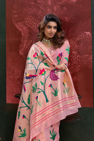 Peach Paithani Meenakari Woven Cotton Silk Saree (ACB2131)