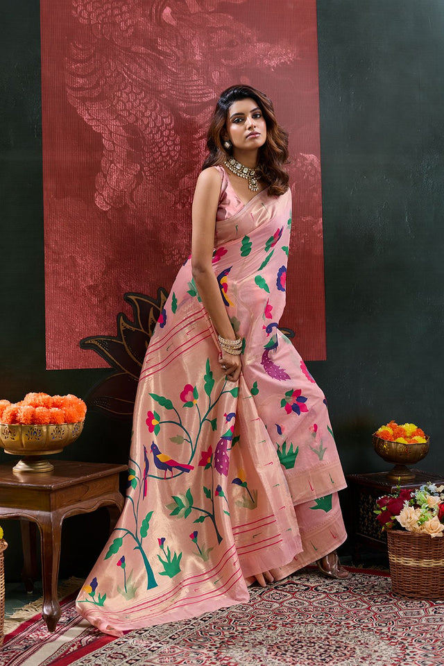 Peach Paithani Meenakari Woven Cotton Silk Saree (ACB2131)
