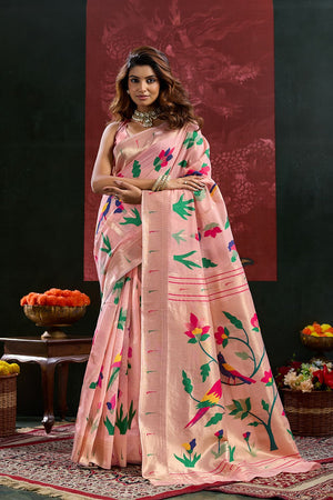Peach Paithani Meenakari Woven Cotton Silk Saree (ACB2131)
