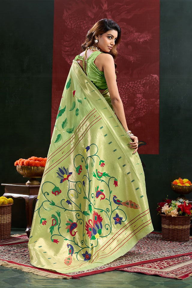 Green Paithani Meenakari Woven Cotton Silk Saree (ACB2132)