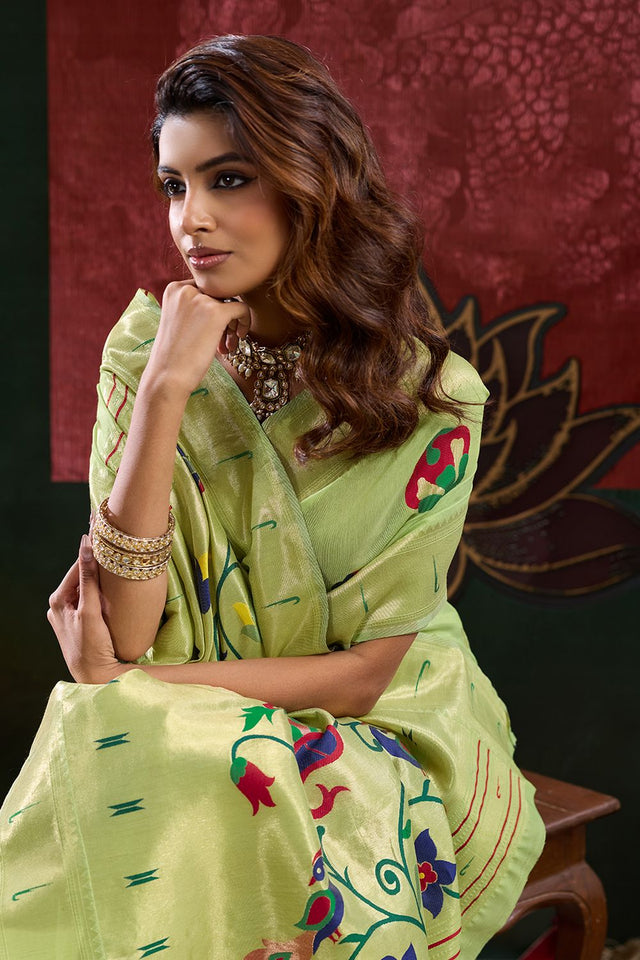 Green Paithani Meenakari Woven Cotton Silk Saree (ACB2132)