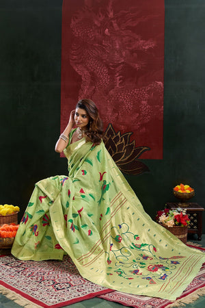Green Paithani Meenakari Woven Cotton Silk Saree (ACB2132)