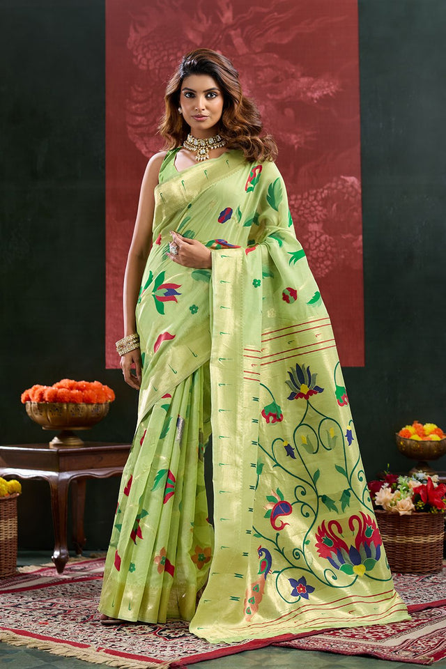 Green Paithani Meenakari Woven Cotton Silk Saree (ACB2132)