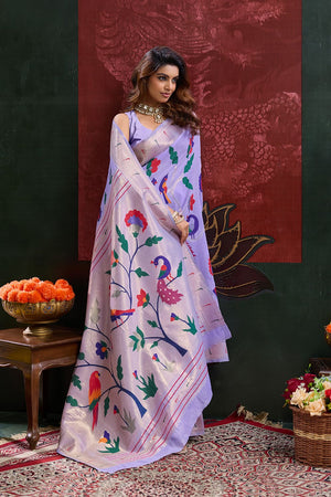 Lavender Paithani Meenakari Woven Cotton Silk Saree (ACB2133)