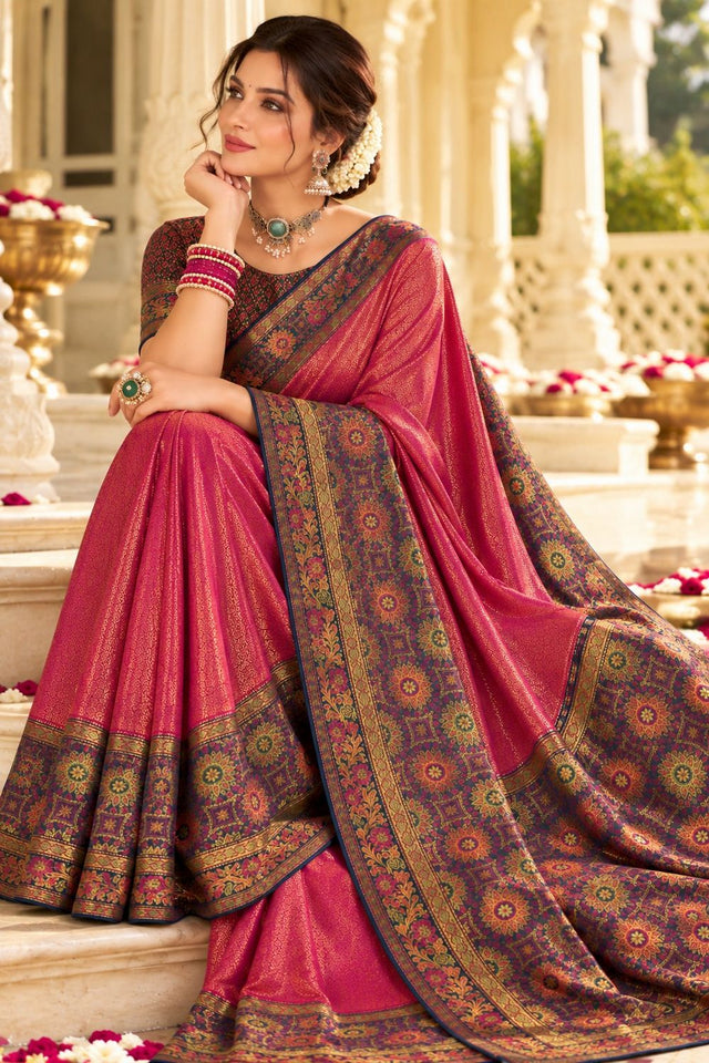 Pink Zari Woven Satin Saree (ACB2140)