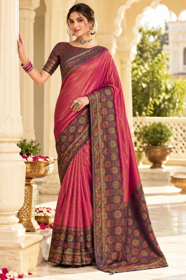 Pink Zari Woven Satin Saree (ACB2140)