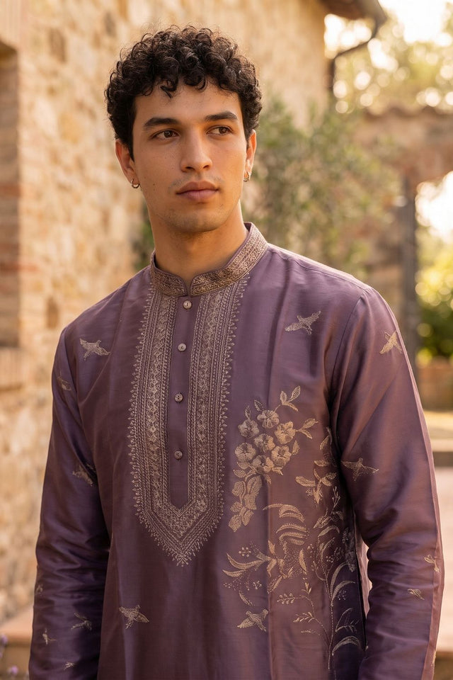 Mens Purple Embroidered Silk Kurta Pant Set (ACB2142)