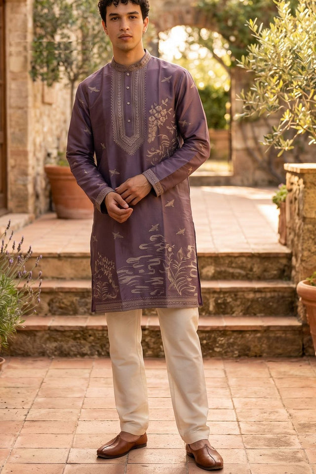 Mens Purple Embroidered Silk Kurta Pant Set (ACB2142)