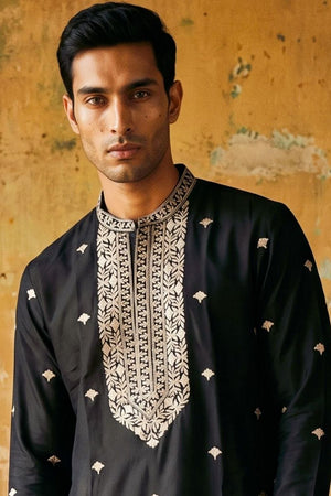 Mens Black Embroidered Silk Kurta Pant Set (ACB2143)