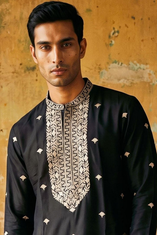 Mens Black Embroidered Silk Kurta Pant Set (ACB2143)
