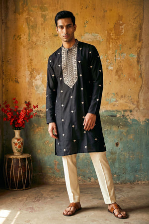 Mens Black Embroidered Silk Kurta Pant Set (ACB2143)