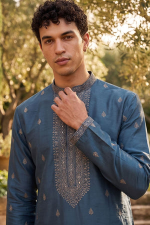 Mens Turquoise Embroidered Silk Kurta Pant Set (ACB2144)