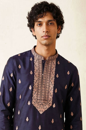 Mens Navy Blue Embroidered Silk Kurta Pant Set (ACB2145)