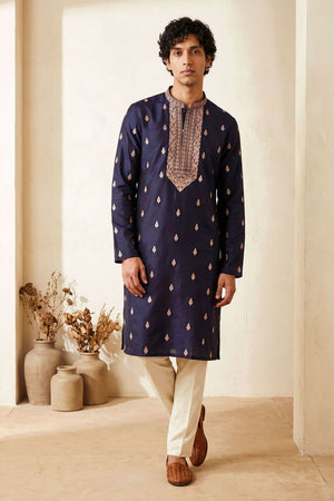 Mens Navy Blue Embroidered Silk Kurta Pant Set (ACB2145)