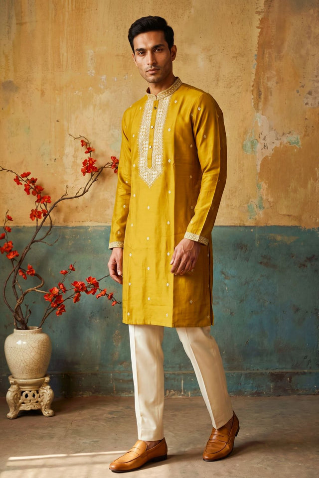 Mens Yellow Embroidered Silk Kurta Pant Set (ACB2146)