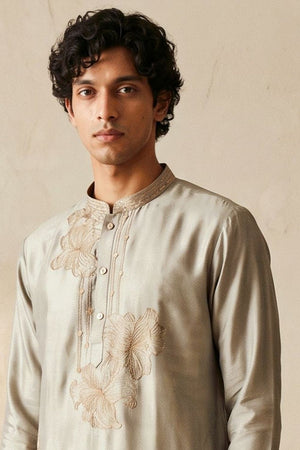 Mens Grey Embroidered Silk Kurta Pant Set (ACB2147)