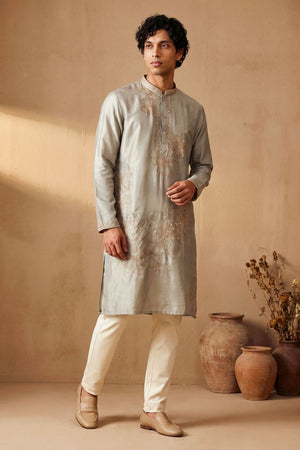 Mens Grey Embroidered Silk Kurta Pant Set (ACB2147)