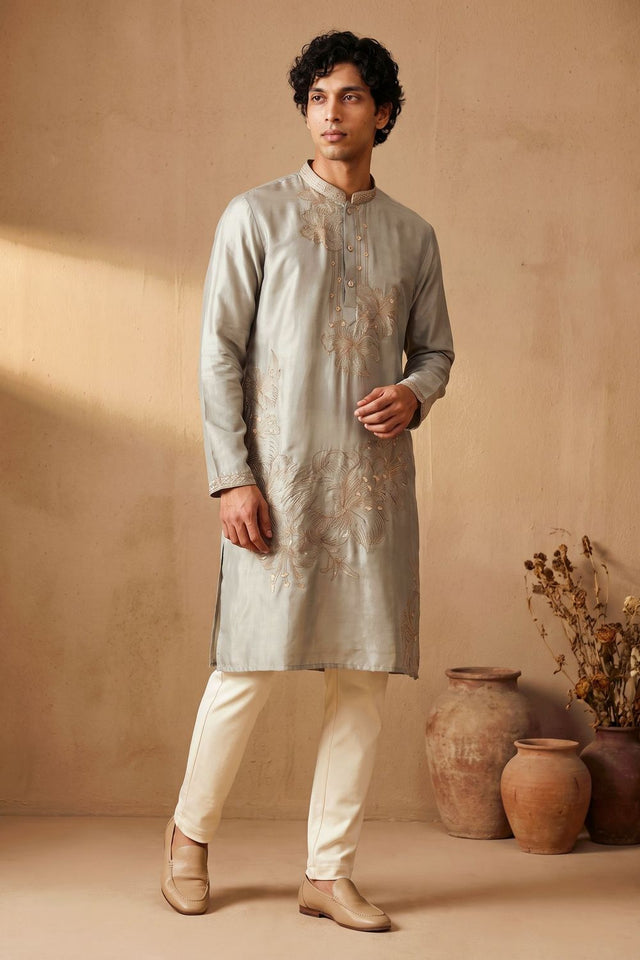 Mens Grey Embroidered Silk Kurta Pant Set (ACB2147)