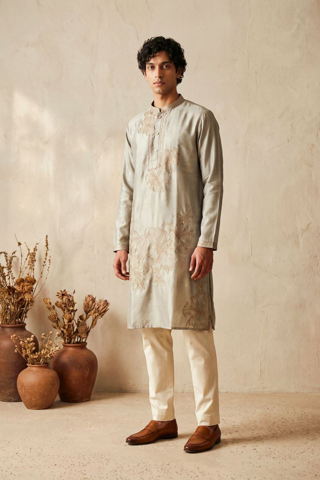 Mens Grey Embroidered Silk Kurta Pant Set (ACB2147)