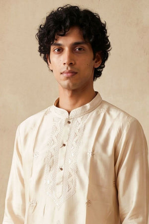 Mens Cream Embroidered Silk Kurta Pant Set (ACB2148)
