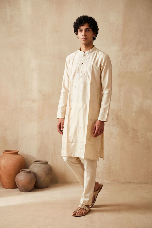 Mens Cream Embroidered Silk Kurta Pant Set (ACB2148)