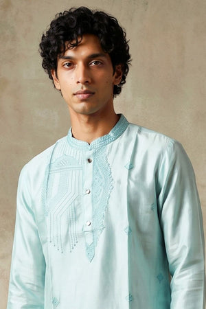 Mens Blue Embroidered Silk Kurta Pant Set (ACB2149)