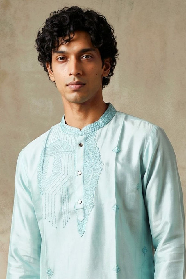 Mens Blue Embroidered Silk Kurta Pant Set (ACB2149)