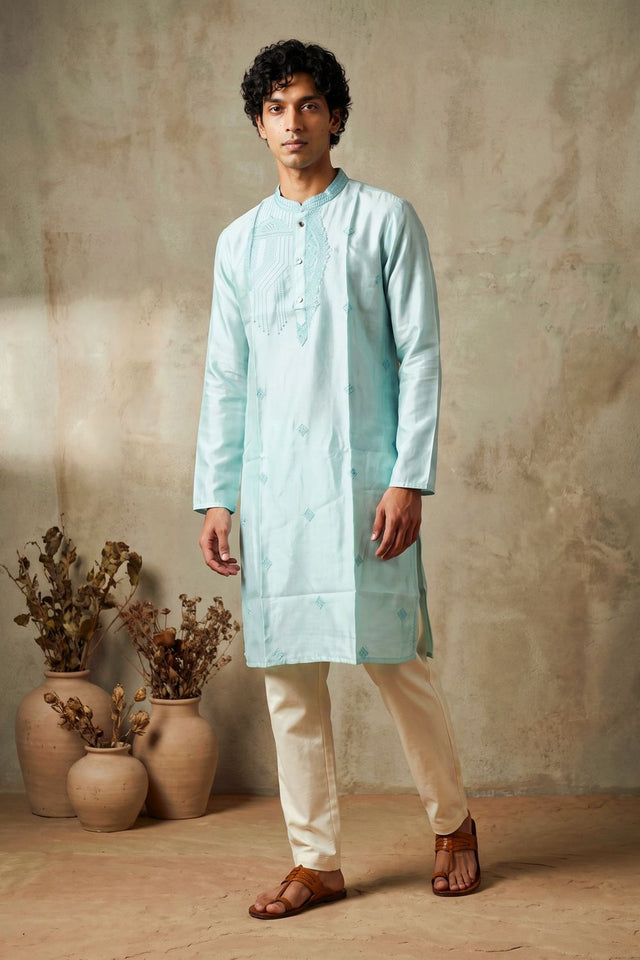 Mens Blue Embroidered Silk Kurta Pant Set (ACB2149)
