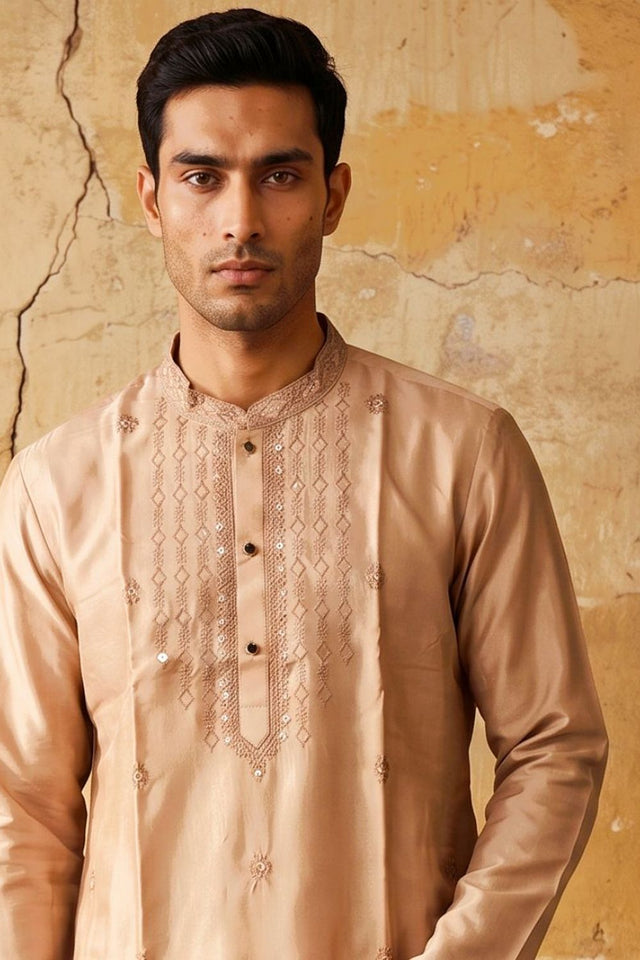 Mens Peach Embroidered Silk Kurta Pant Set (ACB2150)