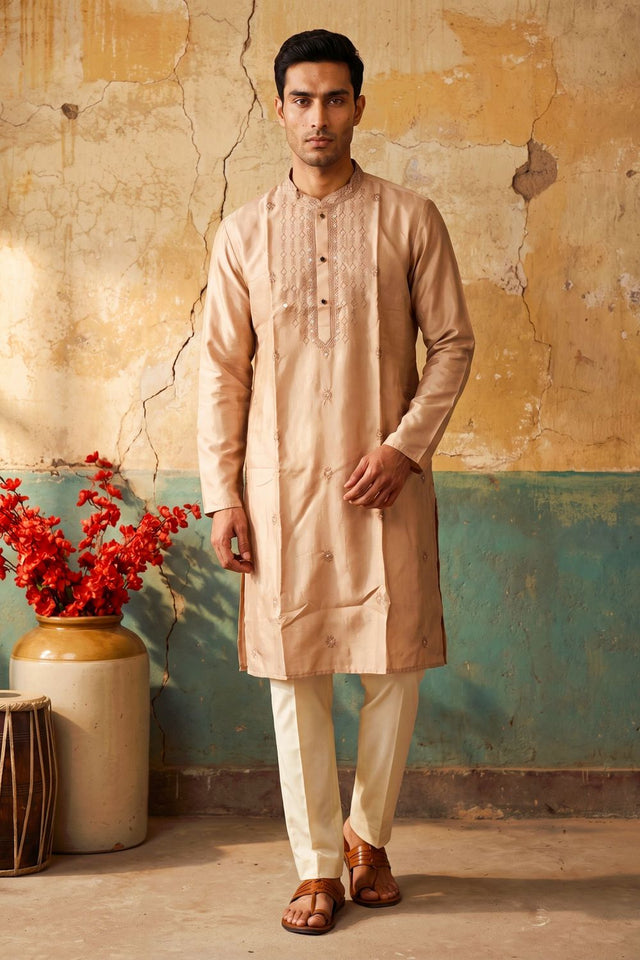 Mens Peach Embroidered Silk Kurta Pant Set (ACB2150)