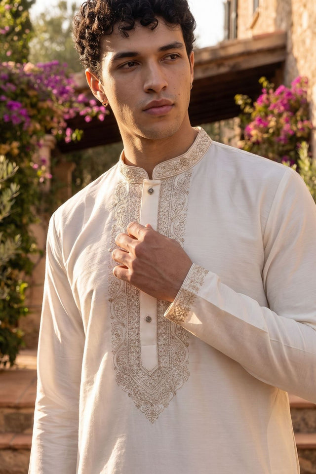 Mens White Embroidered Cotton Kurta Pant Set (ACB2151)