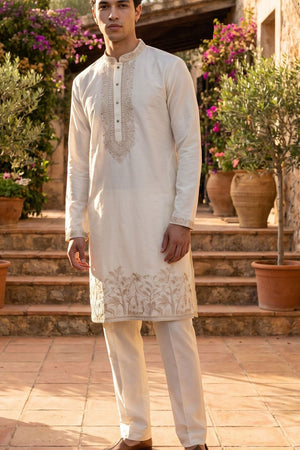 Mens White Embroidered Cotton Kurta Pant Set (ACB2151)