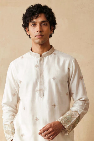 Mens White Embroidered Silk Kurta Pant Set (ACB2152)