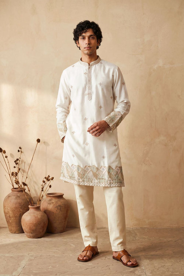 Mens White Embroidered Silk Kurta Pant Set (ACB2152)