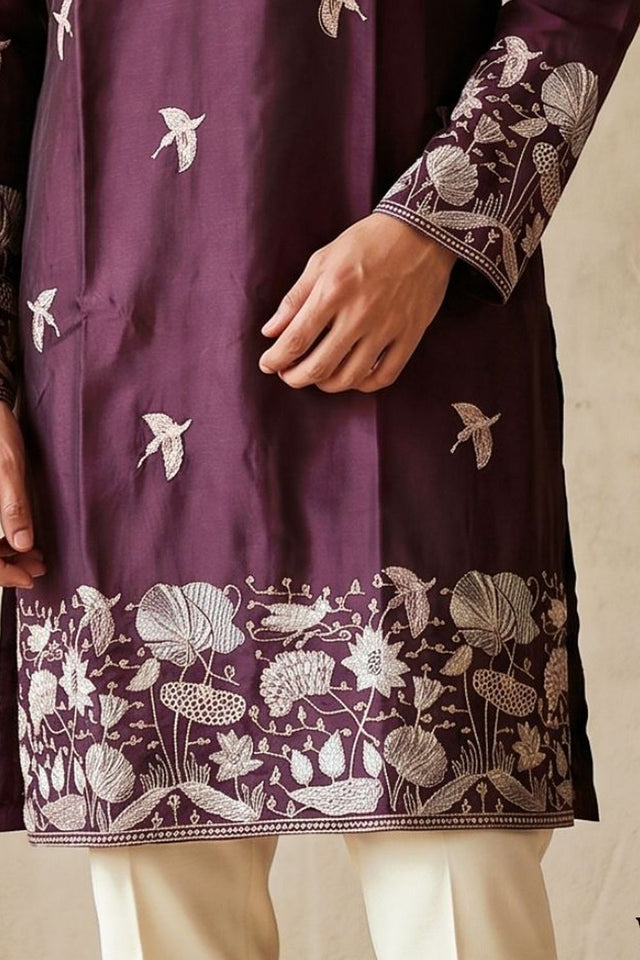 Mens Purple Embroidered Silk Kurta Pant Set (ACB2153)