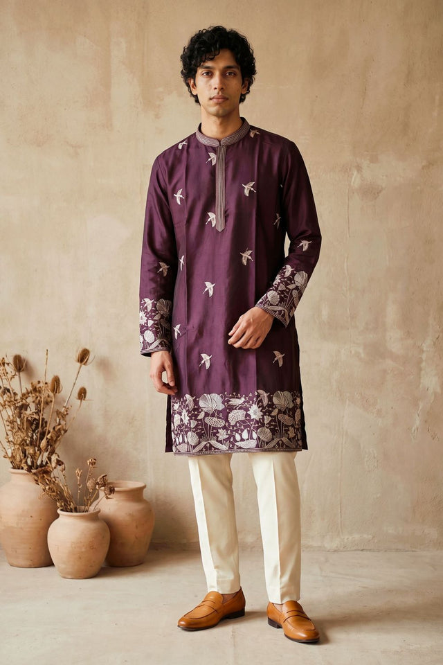 Mens Purple Embroidered Silk Kurta Pant Set (ACB2153)