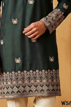 Mens Green Embroidered Silk Kurta Pant Set (ACB2154)