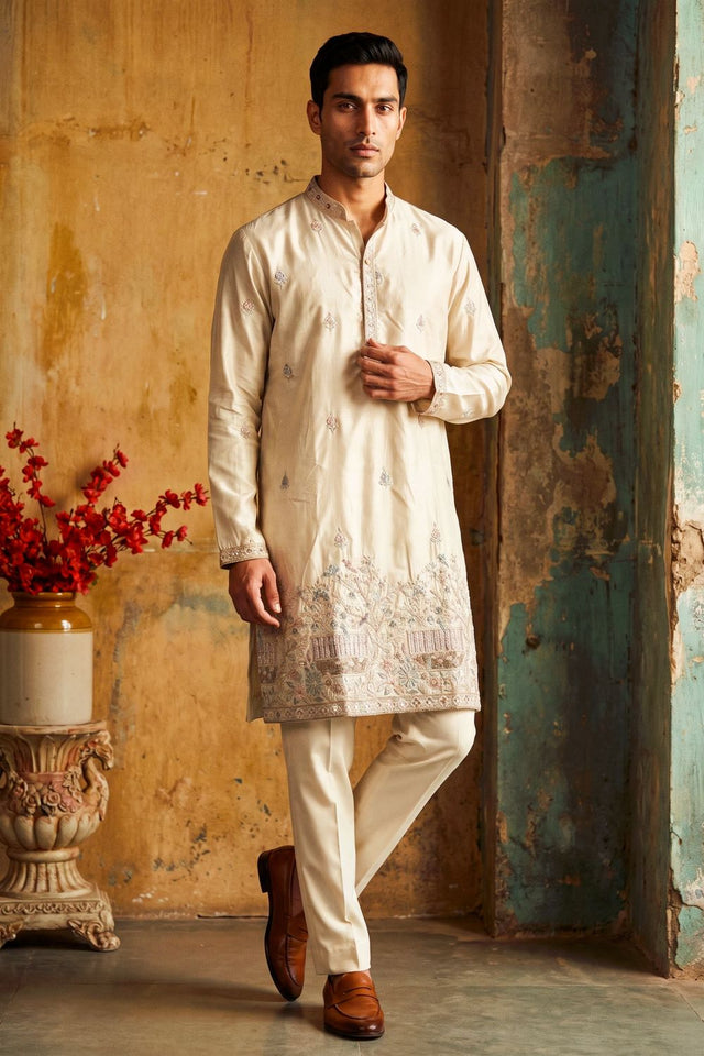 Mens Cream Embroidered Silk Kurta Pant Set (ACB2155)