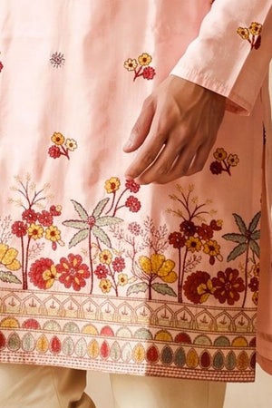 Mens Pink Embroidered Silk Kurta Pant Set (ACB2156)
