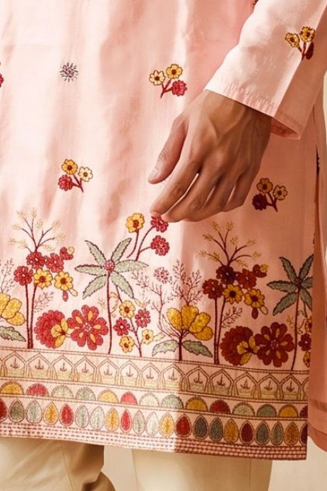 Mens Pink Embroidered Silk Kurta Pant Set (ACB2156)