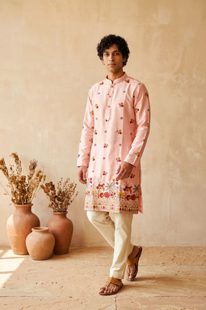 Mens Pink Embroidered Silk Kurta Pant Set (ACB2156)