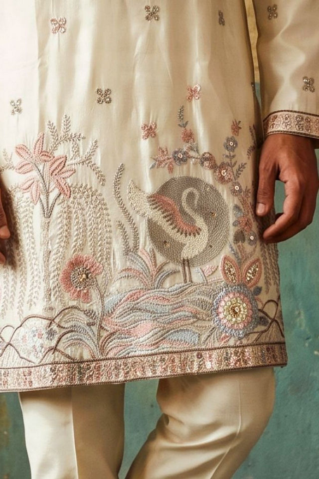 Mens Cream Embroidered Silk Kurta Pant Set (ACB2157)