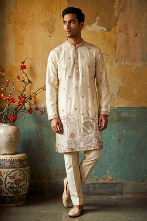 Mens Cream Embroidered Silk Kurta Pant Set (ACB2157)